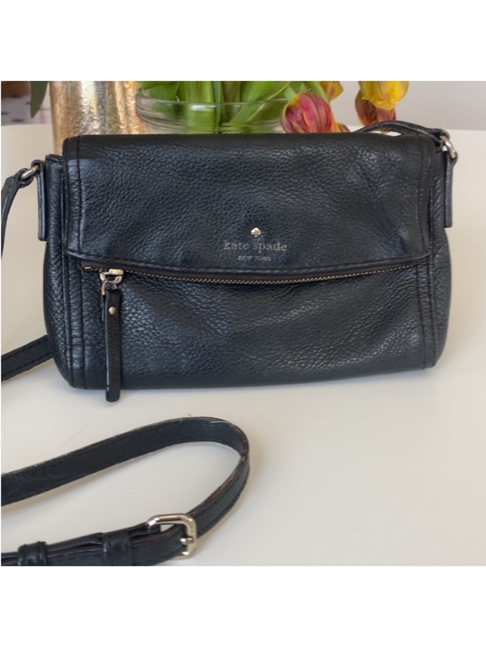 kate spade Black Pebbled Leather Fold-Over Crossbody